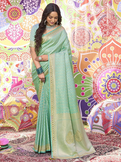 Wonderful Sea-Green Zarkan Work Satin Function Wear Saree With Blouse
